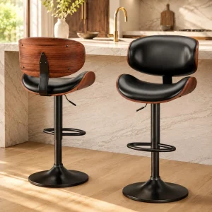 FashionTick Mid-Century Bentwood Swivel Bar Stools with Curved Backrest, Set of 2, Black
