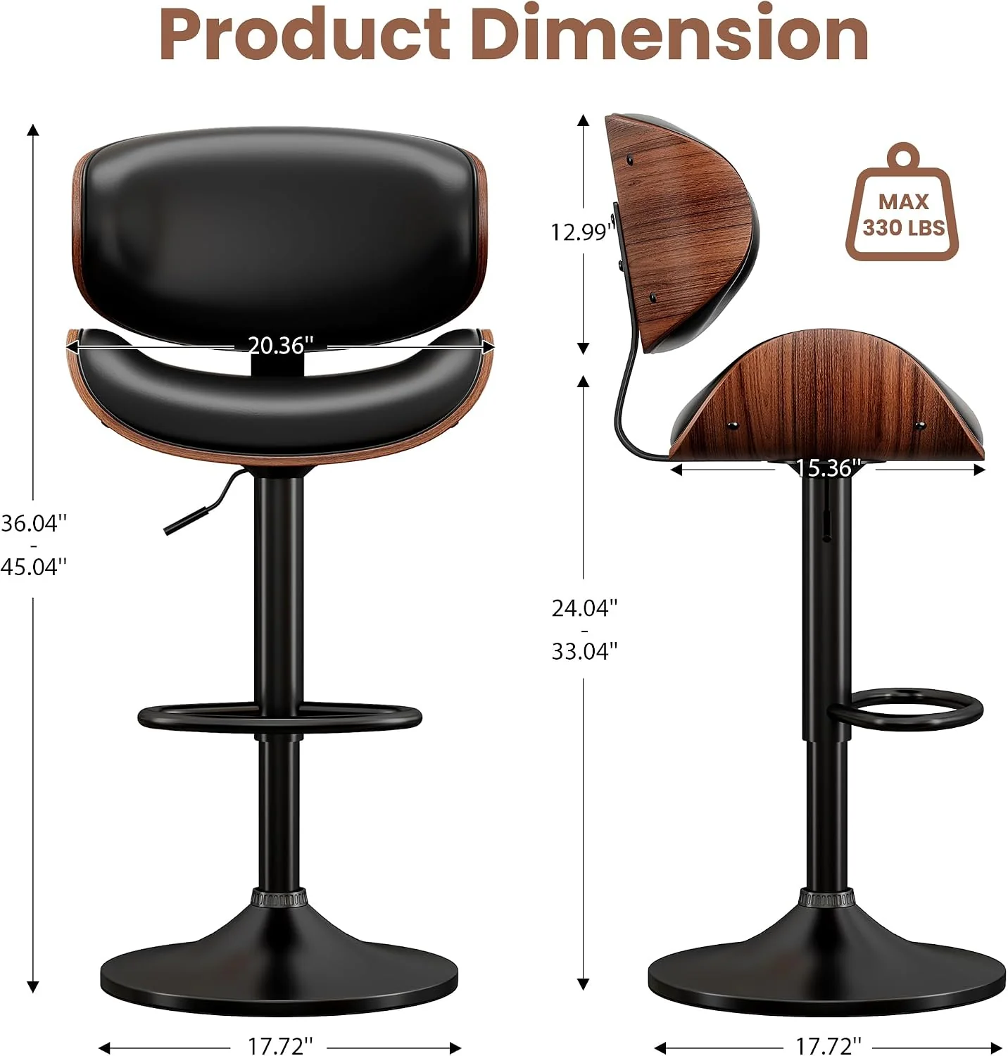 FashionTick Mid-Century Bentwood Swivel Bar Stools with Curved Backrest, Set of 2, Black - image 2