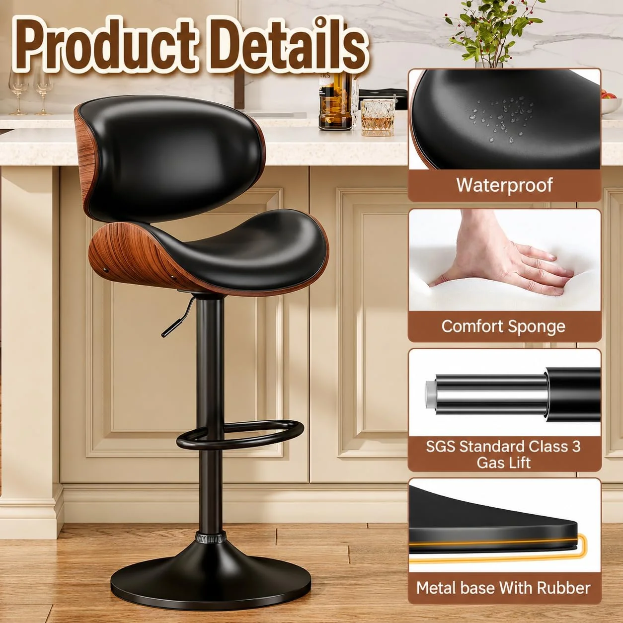 FashionTick Mid-Century Bentwood Swivel Bar Stools with Curved Backrest, Set of 2, Black - image 4