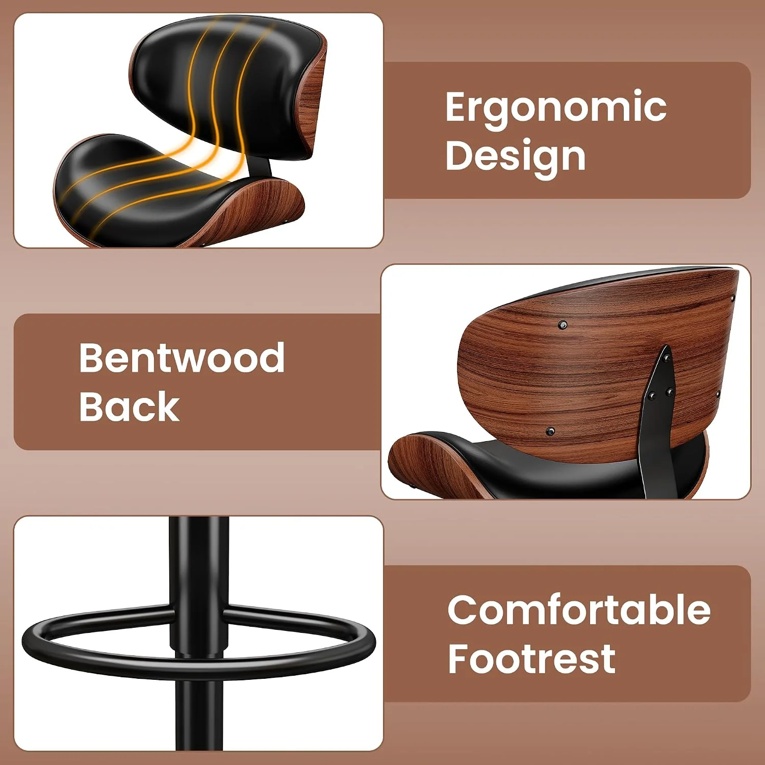 FashionTick Mid-Century Bentwood Swivel Bar Stools with Curved Backrest, Set of 2, Black - image 6