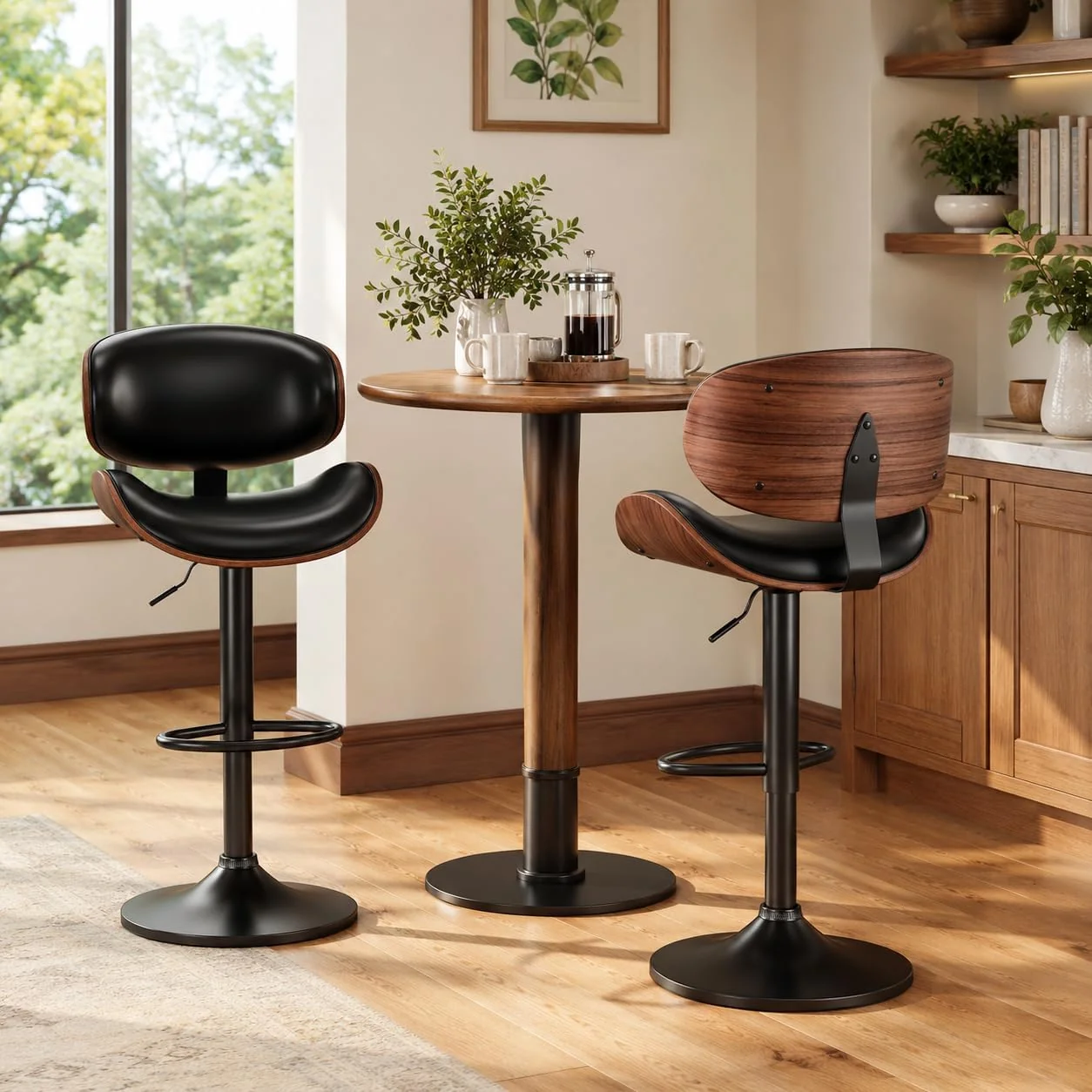 FashionTick Mid-Century Bentwood Swivel Bar Stools with Curved Backrest, Set of 2, Black - image 7