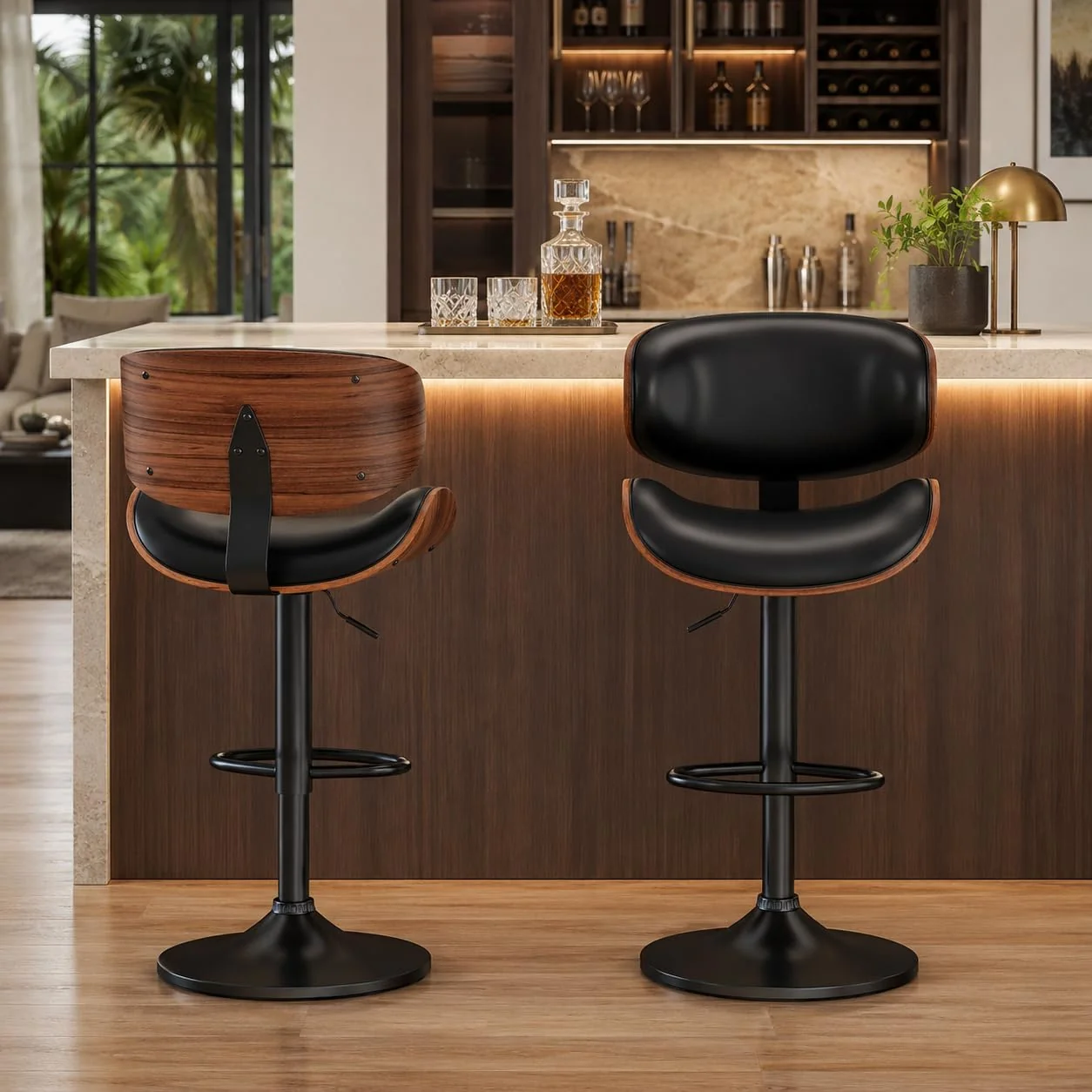 FashionTick Mid-Century Bentwood Swivel Bar Stools with Curved Backrest, Set of 2, Black - image 8