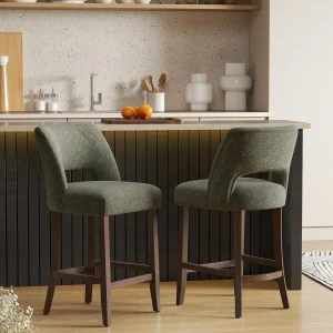 FashionTick Mid-Century Fabric Counter Stools with Curved Wingback, 26 Inch, Set of 2, Green