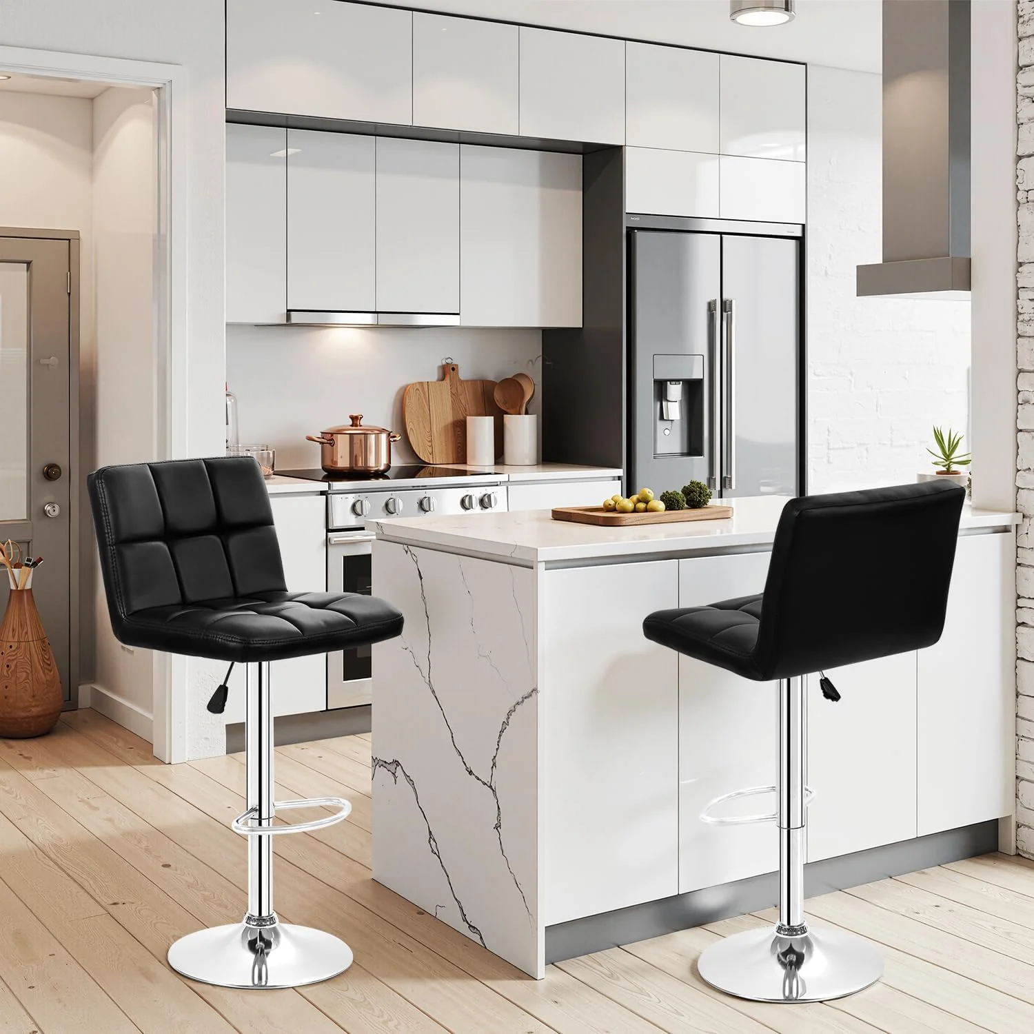 FashionTick PU Leather Swivel Bar Stools with Backrest, Adjustable Height, Set of 2, Black - image 2