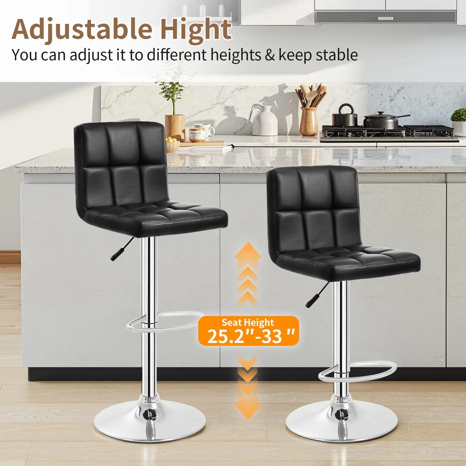 FashionTick PU Leather Swivel Bar Stools with Backrest, Adjustable Height, Set of 2, Black - image 4