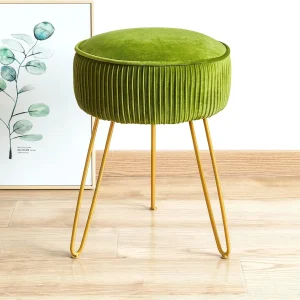FashionTick Pleated Velvet Vanity Stool with Gold Metal Legs, Round Ottoman Footrest, Matcha Green