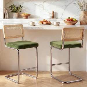FashionTick Rattan Cane Back Velvet Counter Stools with Chrome Legs, 26 Inch, Set of 2, Olive Green