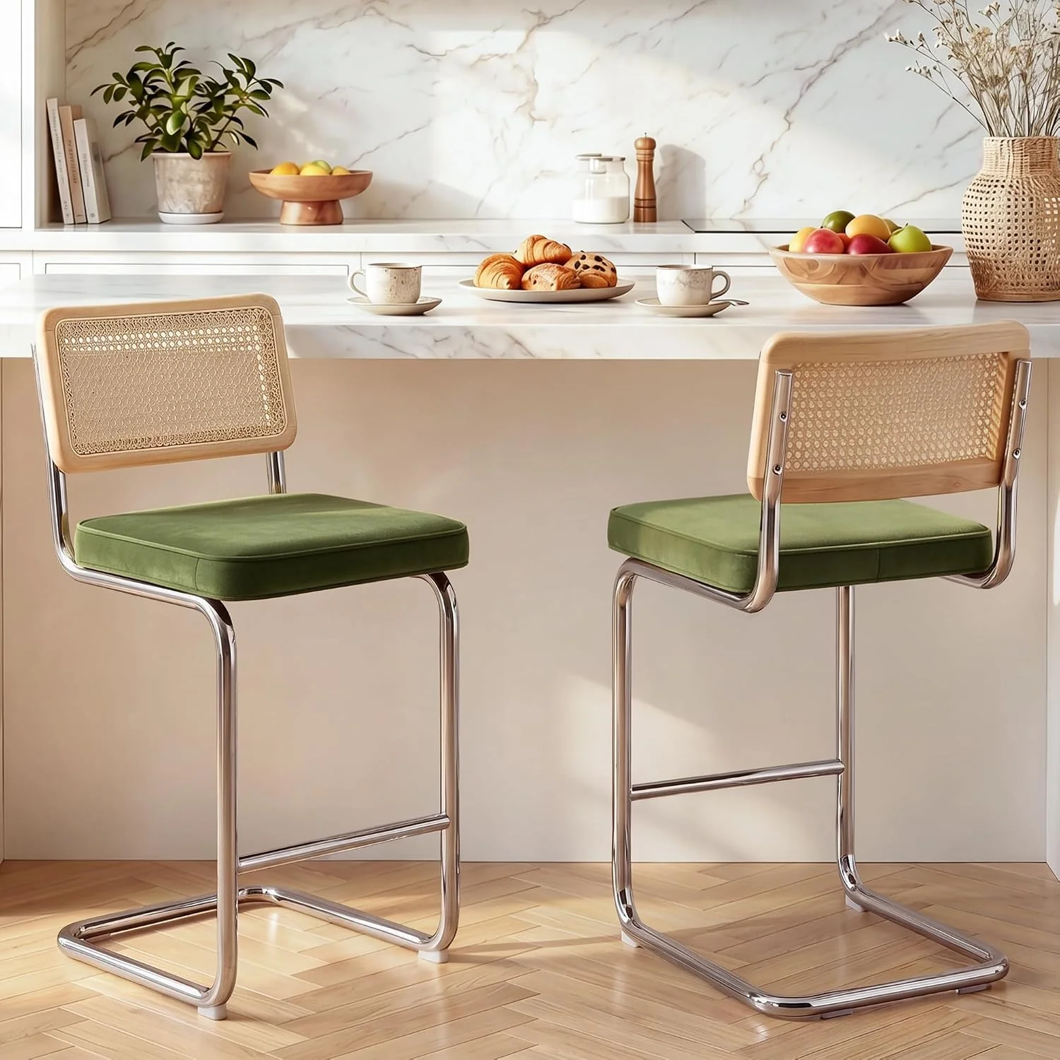 FashionTick Rattan Cane Back Velvet Counter Stools with Chrome Legs, 26 Inch, Set of 2, Olive Green