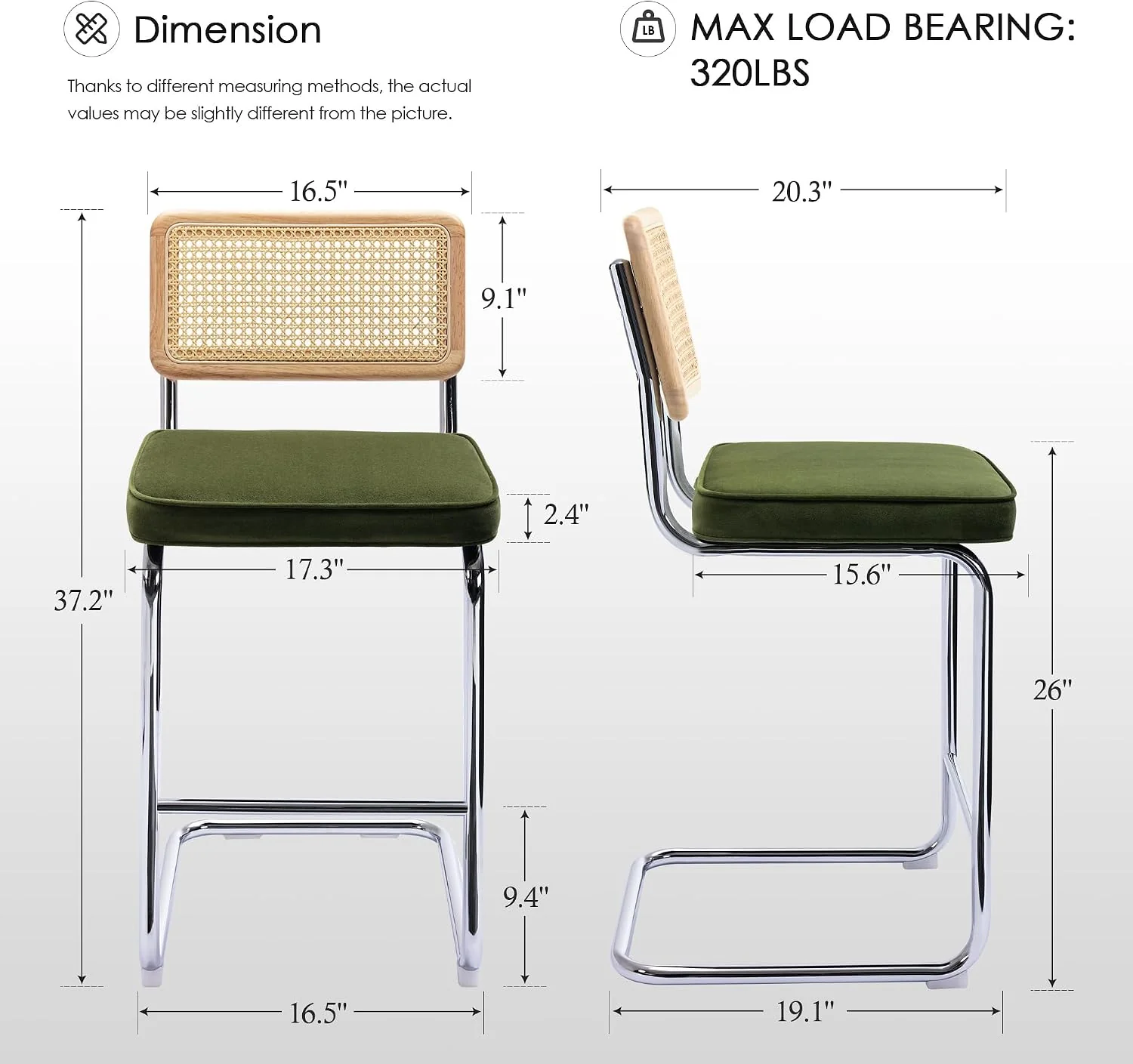 FashionTick Rattan Cane Back Velvet Counter Stools with Chrome Legs, 26 Inch, Set of 2, Olive Green - image 2