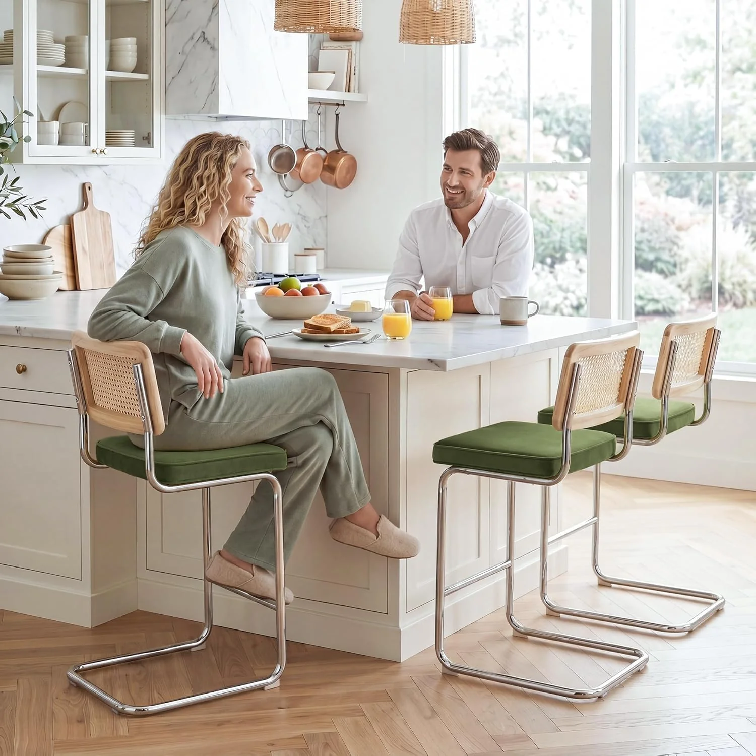 FashionTick Rattan Cane Back Velvet Counter Stools with Chrome Legs, 26 Inch, Set of 2, Olive Green - image 3