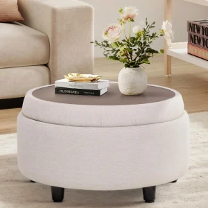 FashionTick Round Fabric Storage Ottoman with Reversible Tray Lid, 25 Inch, Beige