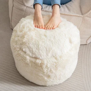 FashionTick Round Faux Fur Stuffed Pouf Ottoman with Foam Chunk Filling, 20 Inch, Beige
