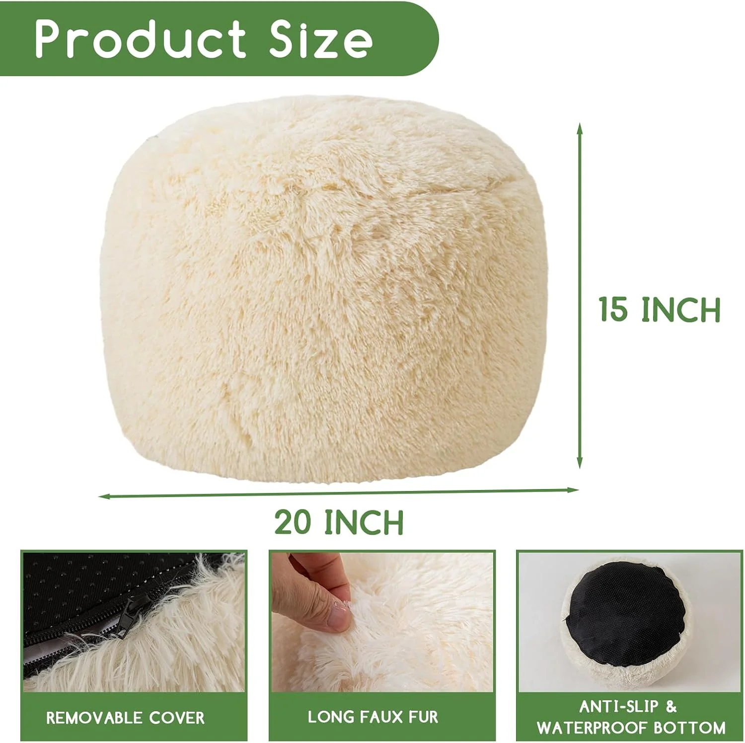 FashionTick Round Faux Fur Stuffed Pouf Ottoman with Foam Chunk Filling, 20 Inch, Beige - image 2
