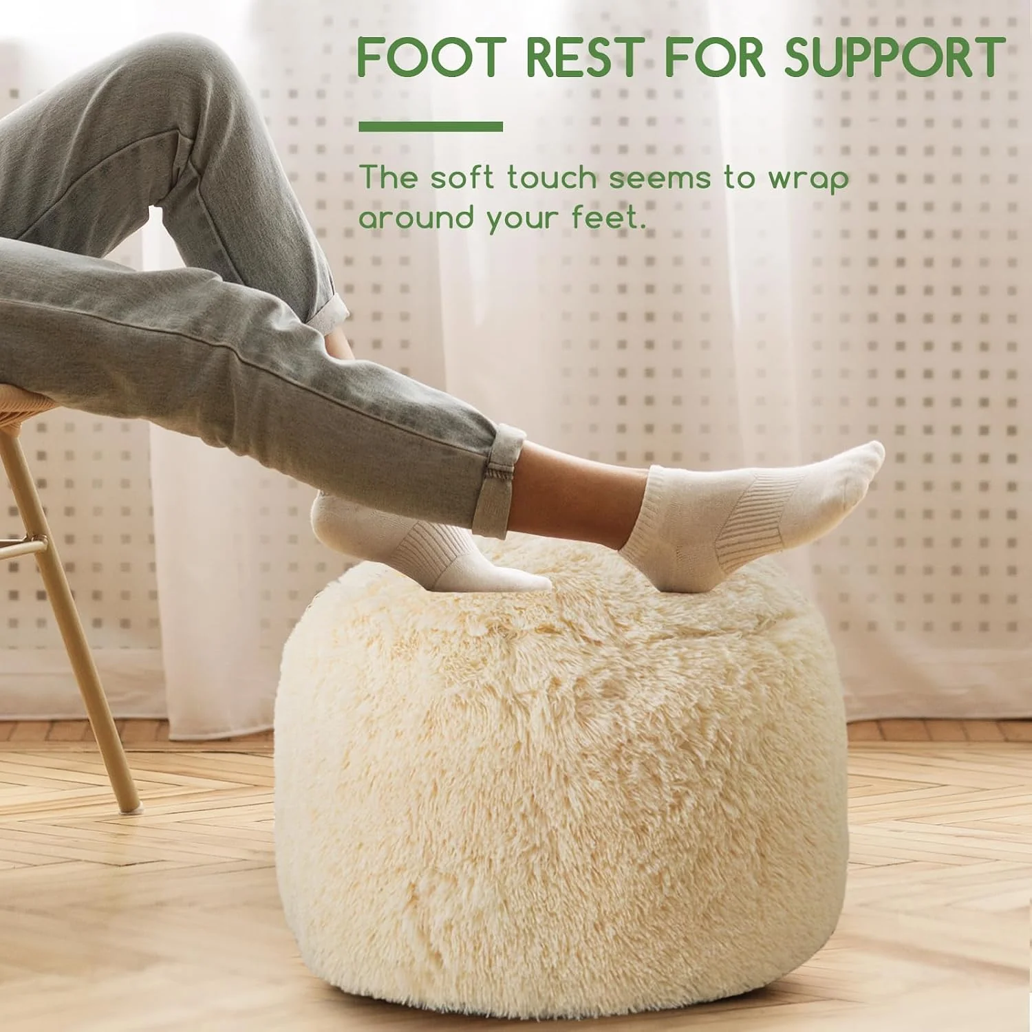 FashionTick Round Faux Fur Stuffed Pouf Ottoman with Foam Chunk Filling, 20 Inch, Beige - image 3