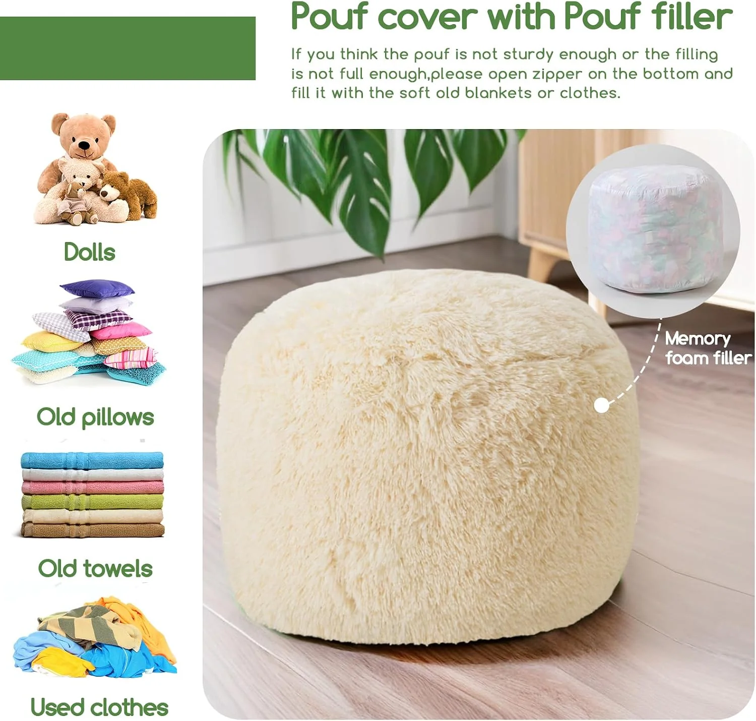 FashionTick Round Faux Fur Stuffed Pouf Ottoman with Foam Chunk Filling, 20 Inch, Beige - image 4