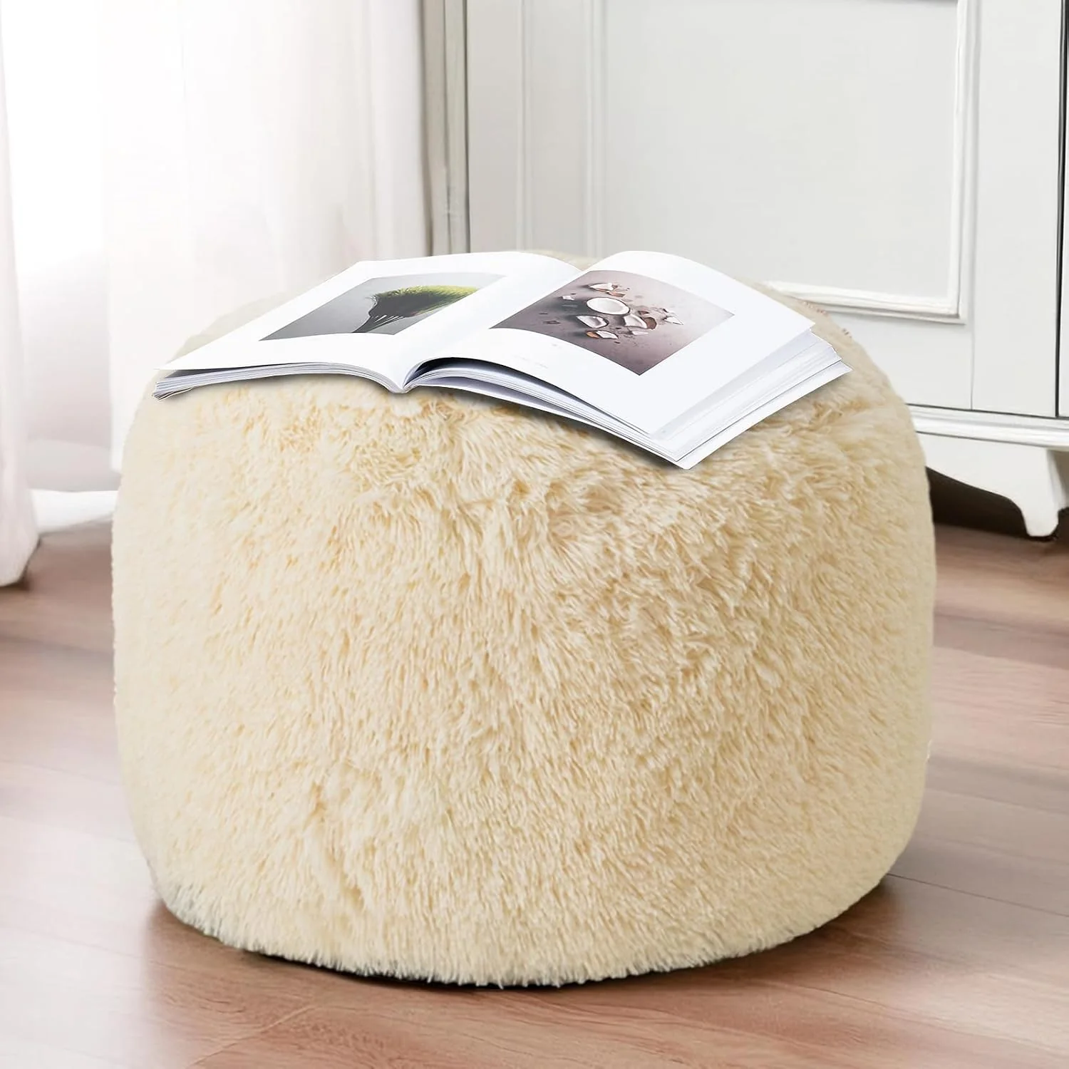 FashionTick Round Faux Fur Stuffed Pouf Ottoman with Foam Chunk Filling, 20 Inch, Beige - image 5
