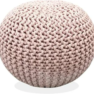 FashionTick Round Knitted Pouf Ottoman, 20 Inch Cotton Foot Stool, Cloud Pink