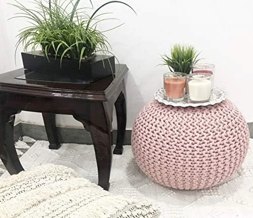 FashionTick Round Knitted Pouf Ottoman, 20 Inch Cotton Foot Stool, Cloud Pink - image 2