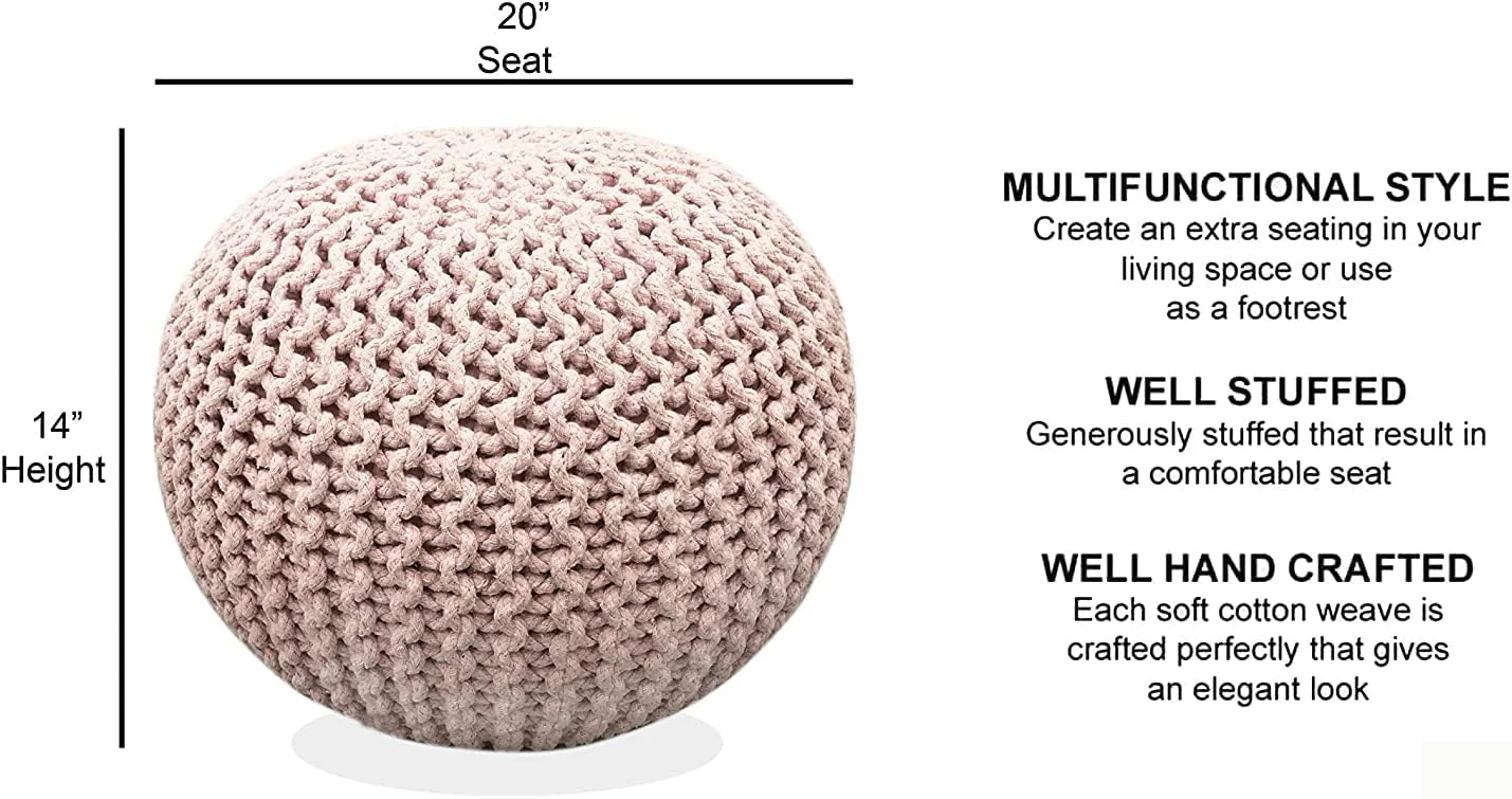 FashionTick Round Knitted Pouf Ottoman, 20 Inch Cotton Foot Stool, Cloud Pink - image 3