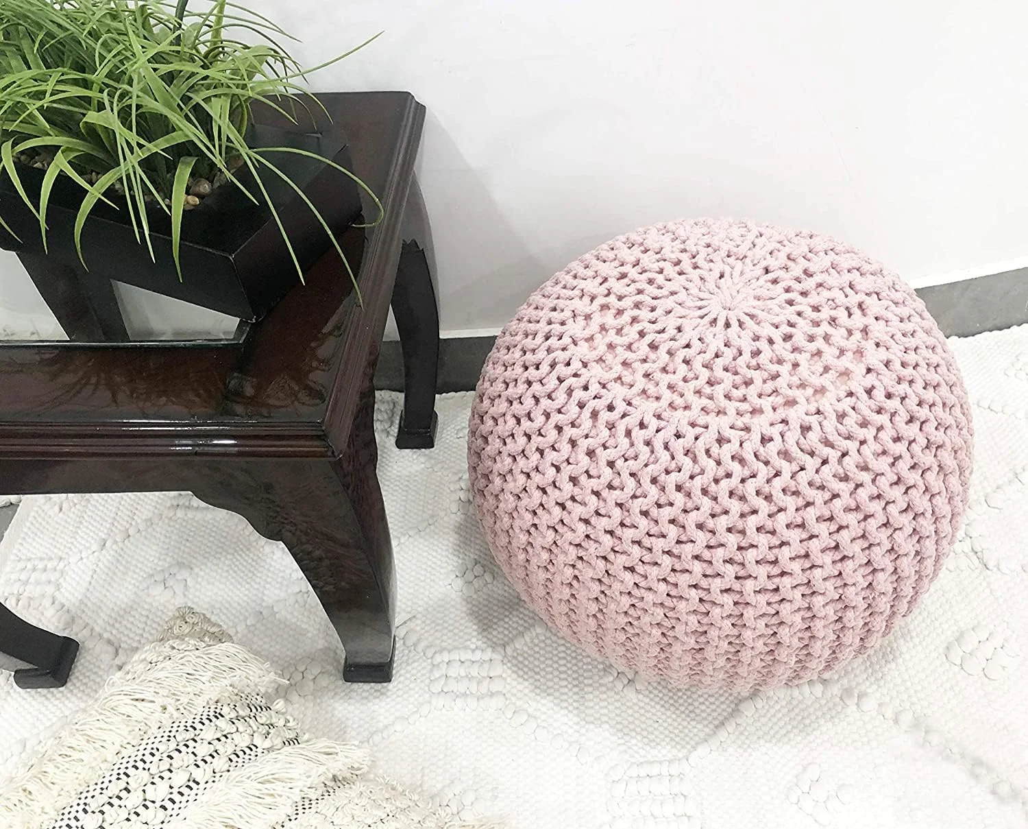 FashionTick Round Knitted Pouf Ottoman, 20 Inch Cotton Foot Stool, Cloud Pink - image 4