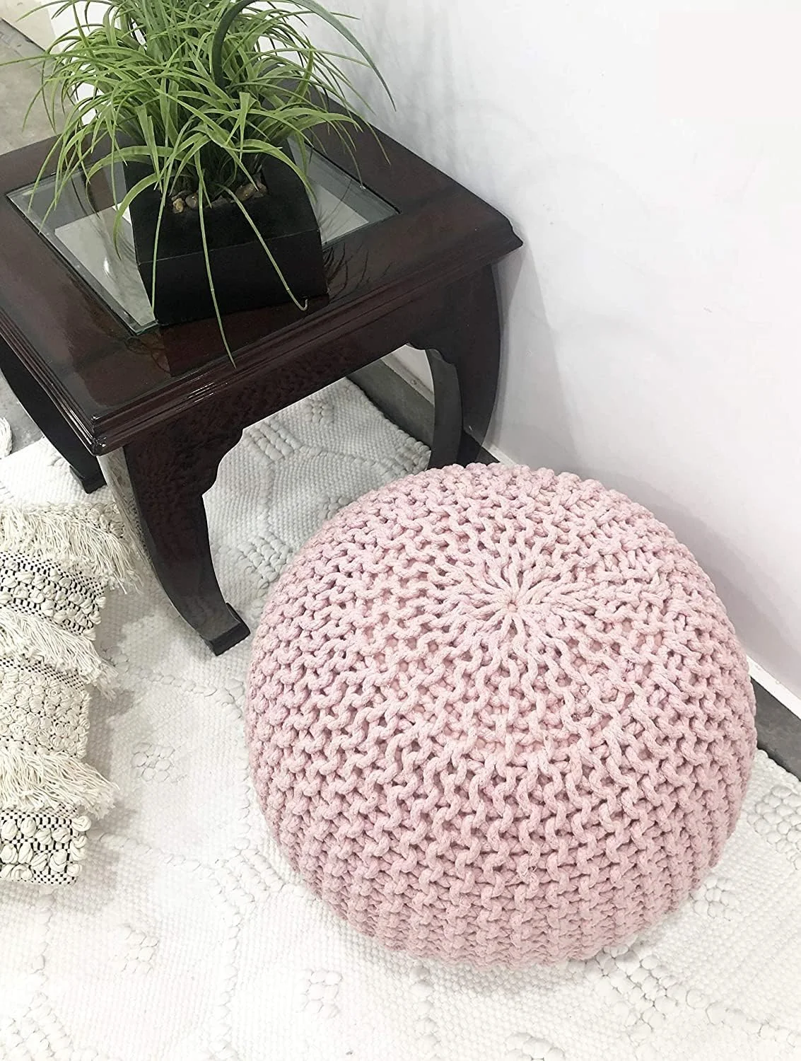 FashionTick Round Knitted Pouf Ottoman, 20 Inch Cotton Foot Stool, Cloud Pink - image 5