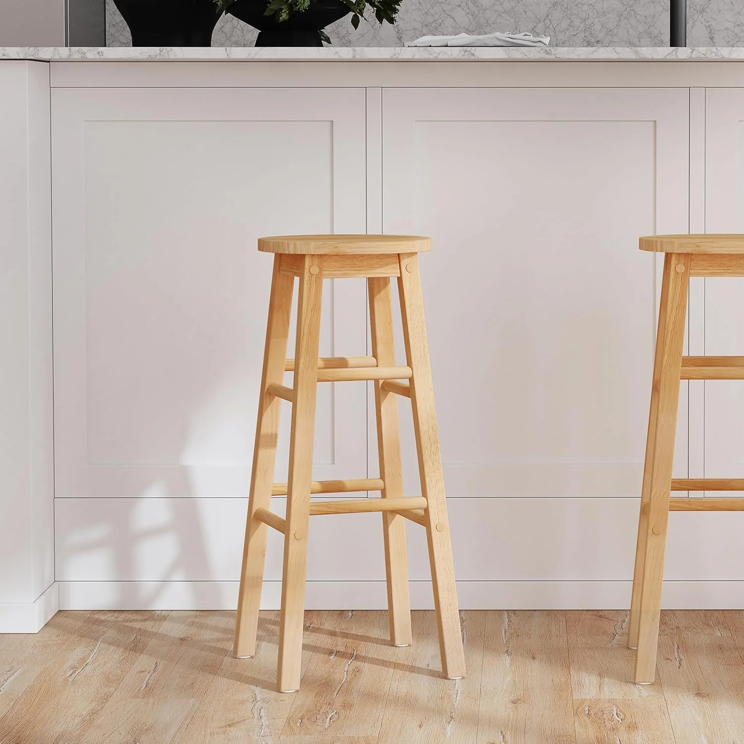 FashionTick Round Seat Wood Counter Stool, 24 Inch Backless, Natural - image 2