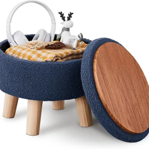 FashionTick Round Teddy Velvet Storage Ottoman with Wood Legs, 13 Inch Footrest, Dark Gray Blue