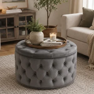 FashionTick Round Velvet Button-Tufted Storage Ottoman, 28 Inch with Removable Lid, Gray