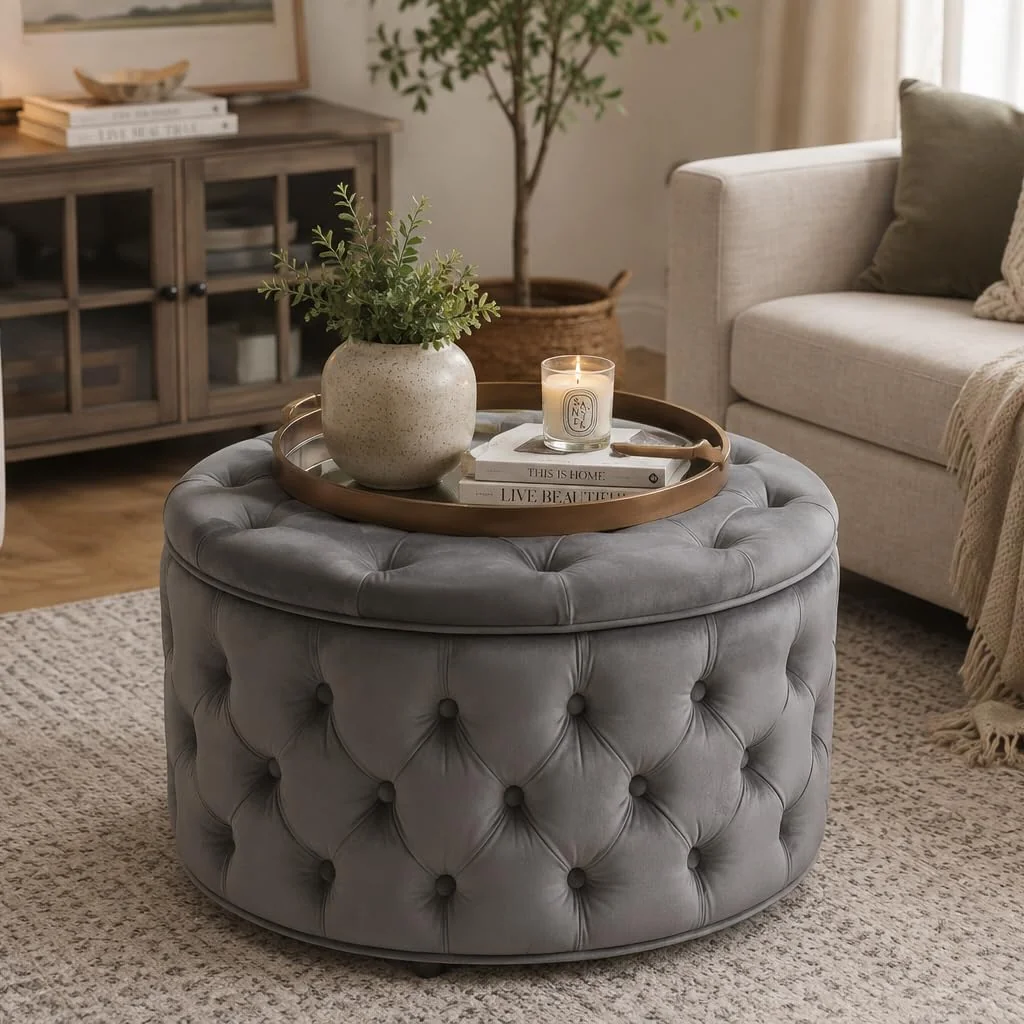 FashionTick Round Velvet Button-Tufted Storage Ottoman, 28 Inch with Removable Lid, Gray
