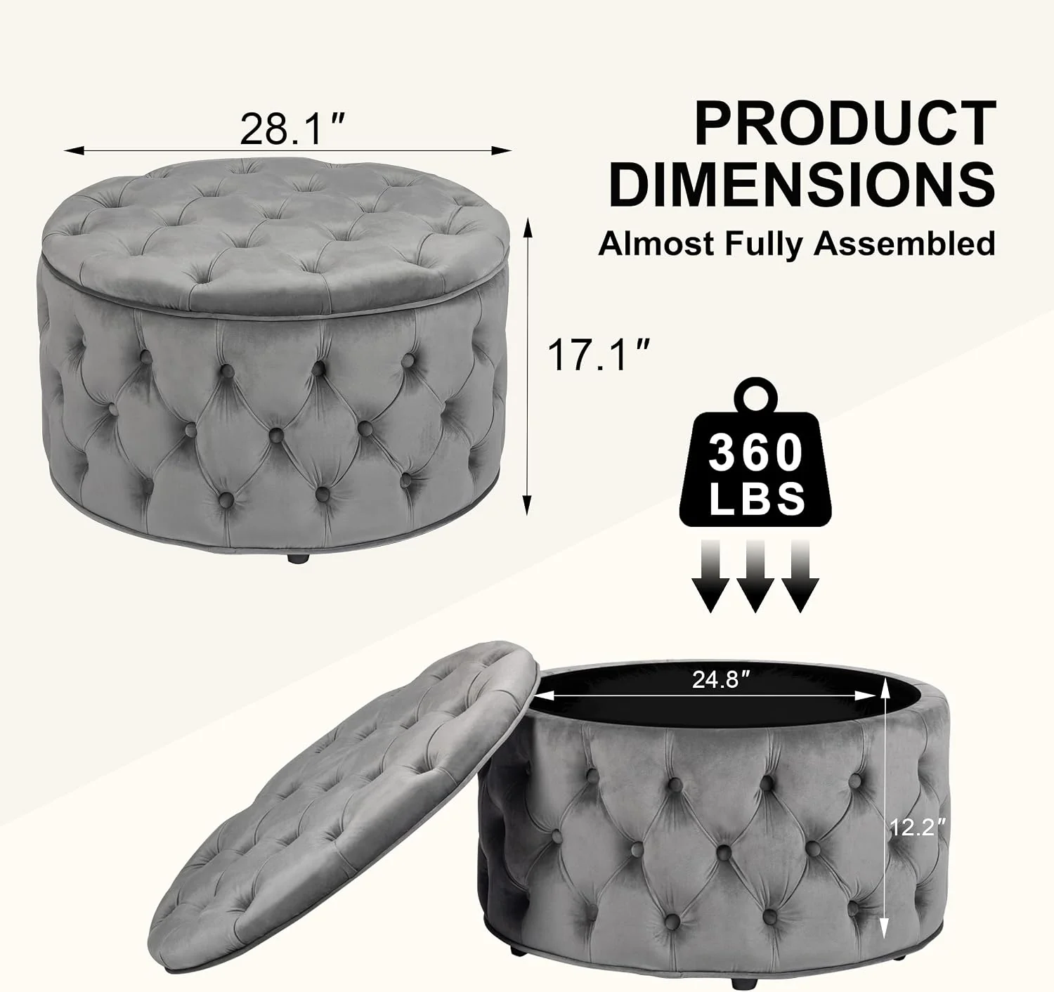 FashionTick Round Velvet Button-Tufted Storage Ottoman, 28 Inch with Removable Lid, Gray - image 2