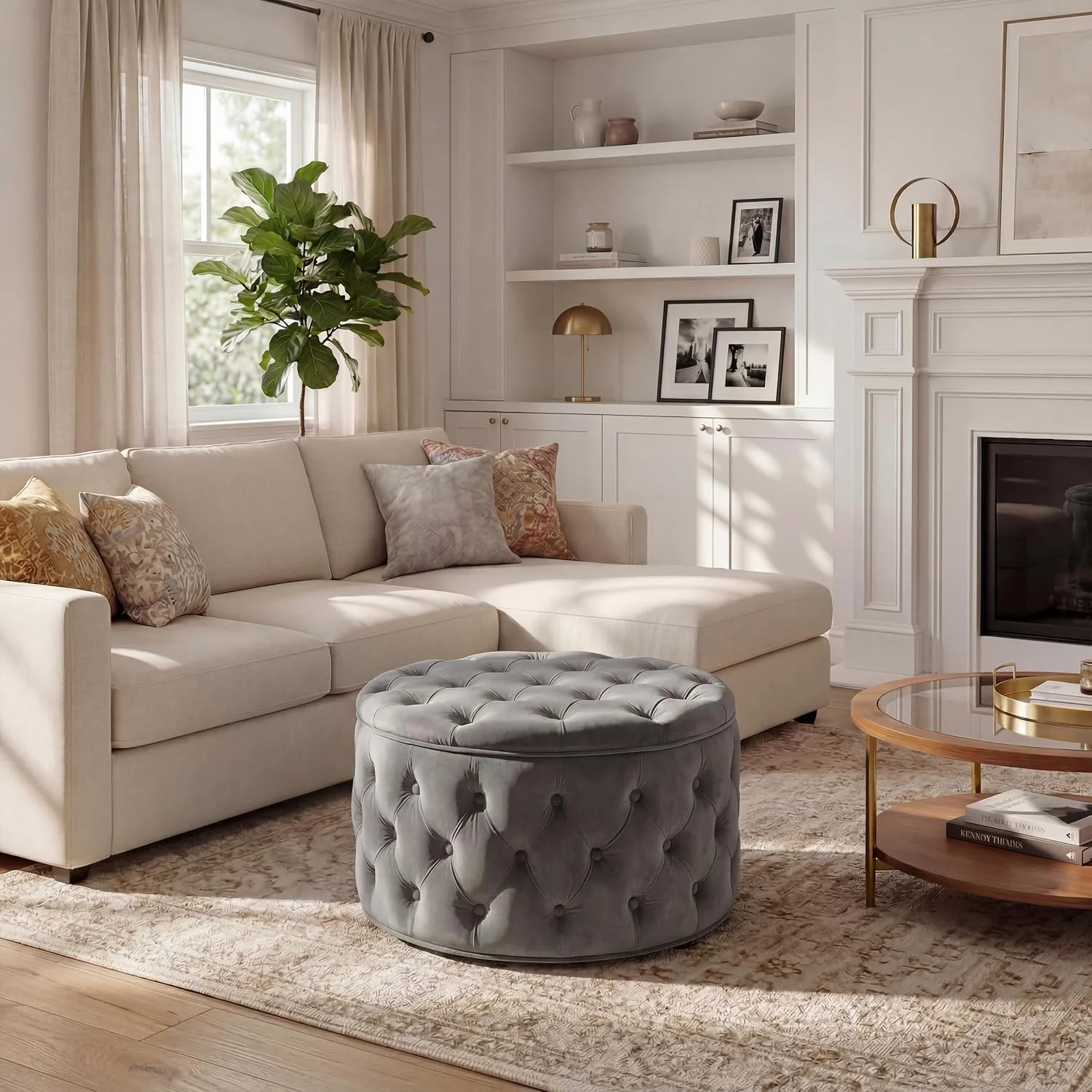 FashionTick Round Velvet Button-Tufted Storage Ottoman, 28 Inch with Removable Lid, Gray - image 3