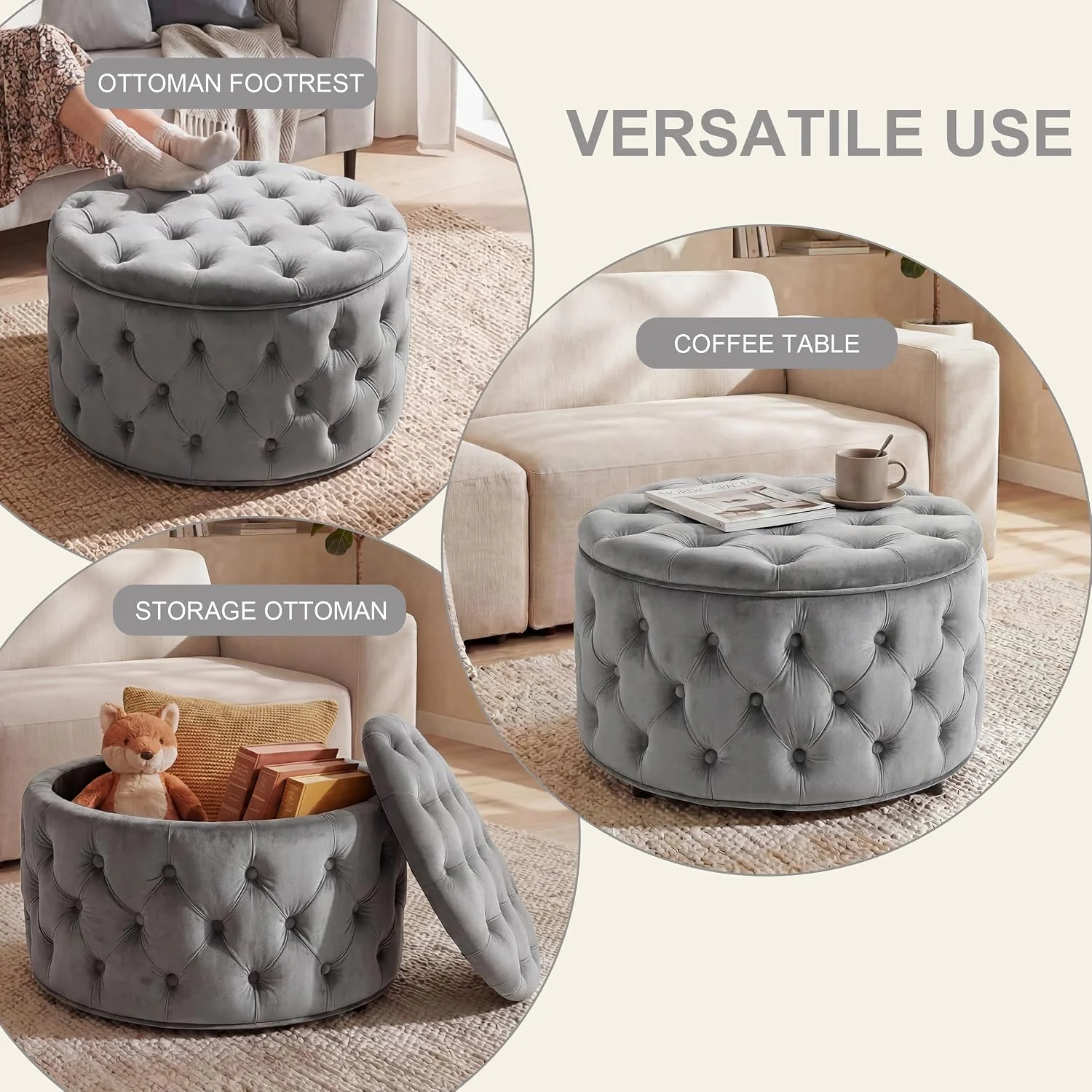 FashionTick Round Velvet Button-Tufted Storage Ottoman, 28 Inch with Removable Lid, Gray - image 4