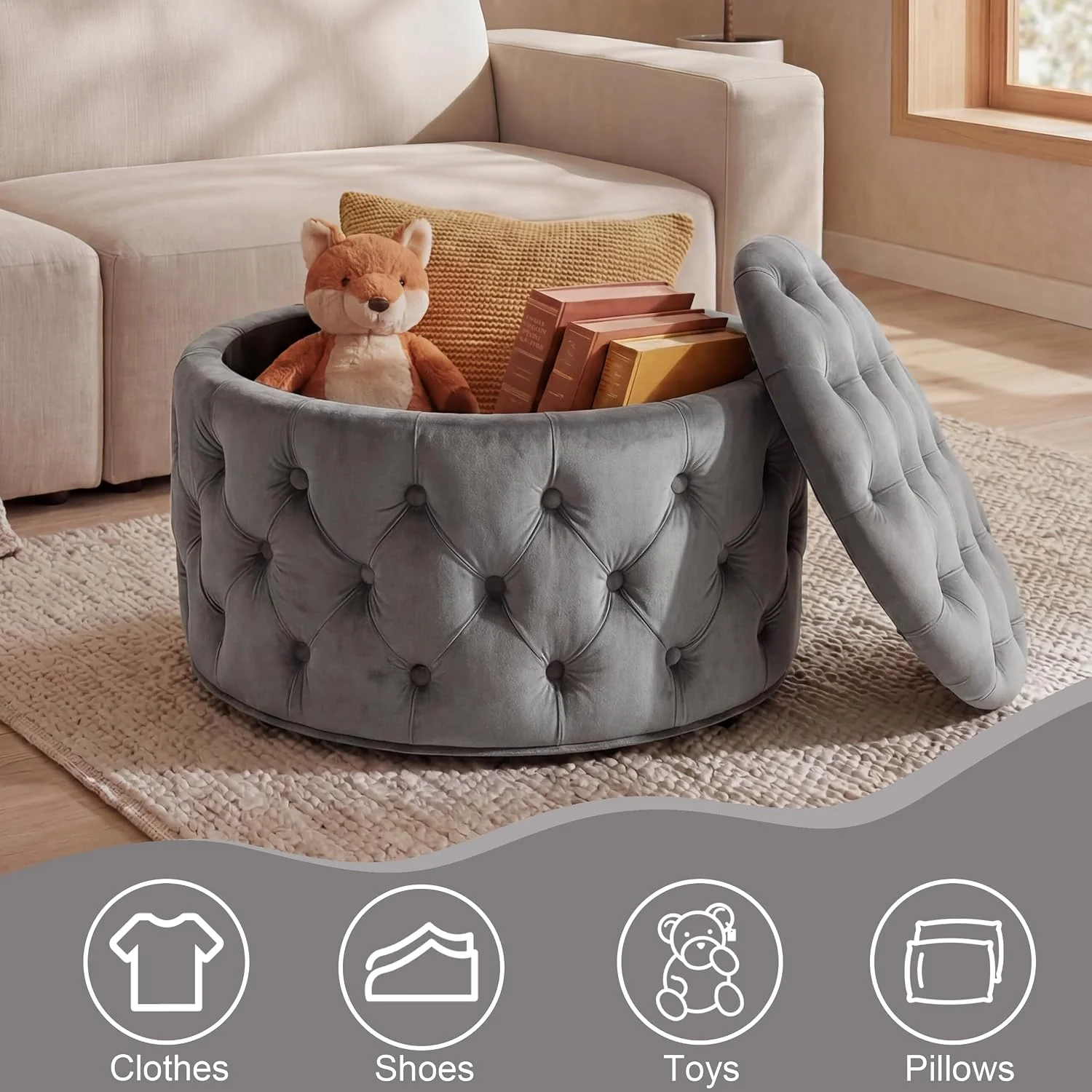FashionTick Round Velvet Button-Tufted Storage Ottoman, 28 Inch with Removable Lid, Gray - image 5
