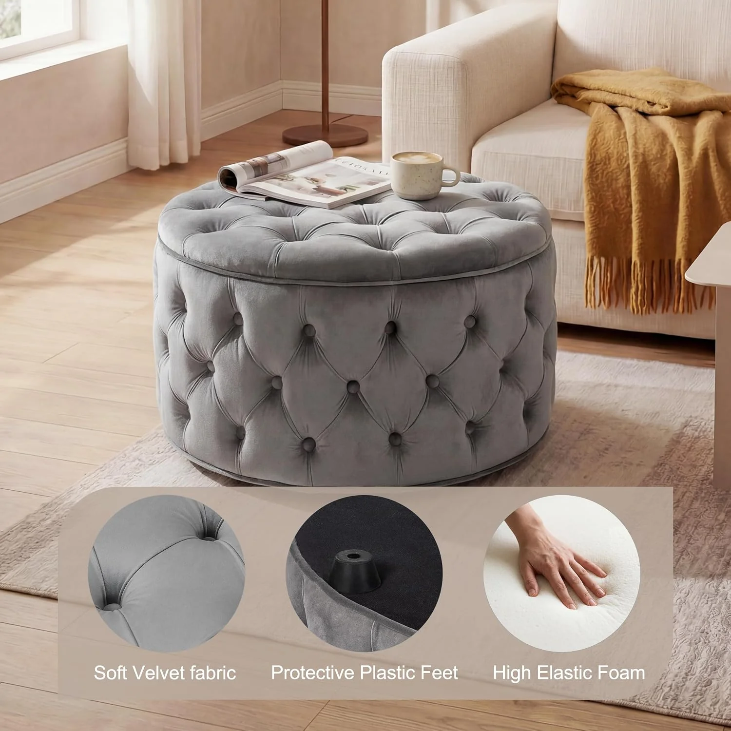 FashionTick Round Velvet Button-Tufted Storage Ottoman, 28 Inch with Removable Lid, Gray - image 6