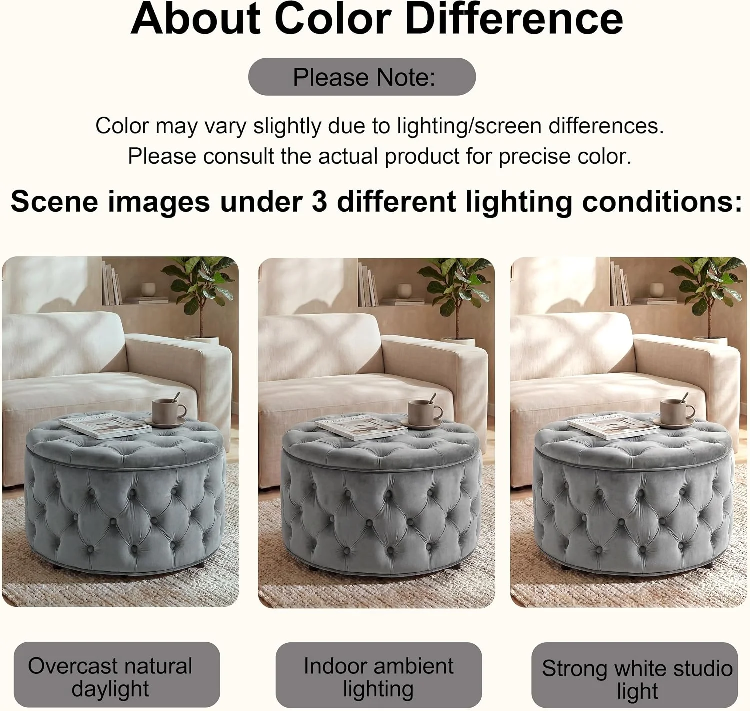 FashionTick Round Velvet Button-Tufted Storage Ottoman, 28 Inch with Removable Lid, Gray - image 8