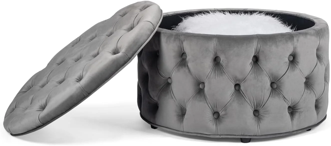 FashionTick Round Velvet Button-Tufted Storage Ottoman, 28 Inch with Removable Lid, Gray - image 9