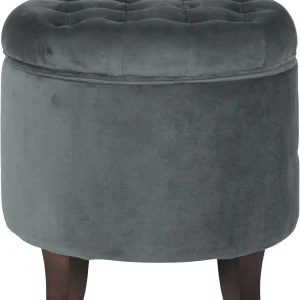 FashionTick Round Velvet Button-Tufted Storage Ottoman with Wood Legs, 19 Inch, Dark Gray