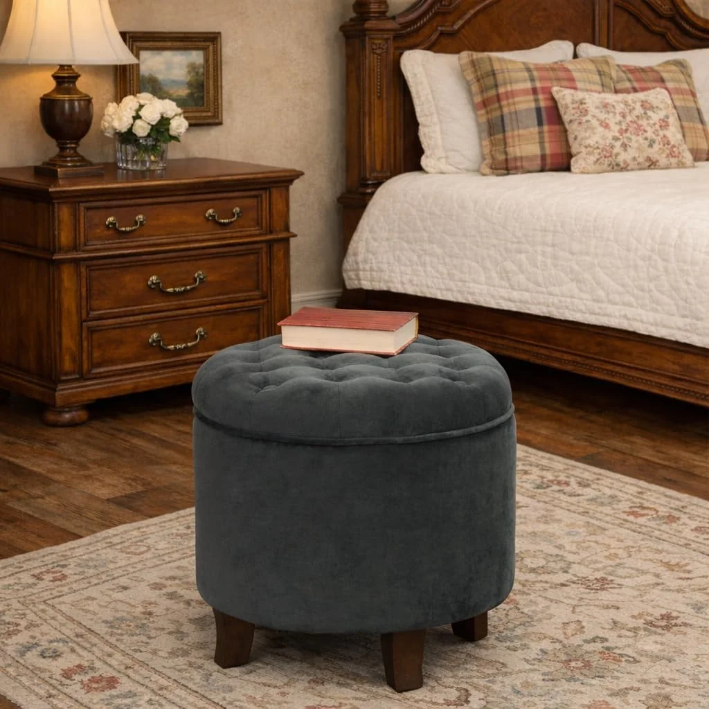 FashionTick Round Velvet Button-Tufted Storage Ottoman with Wood Legs, 19 Inch, Dark Gray - image 2