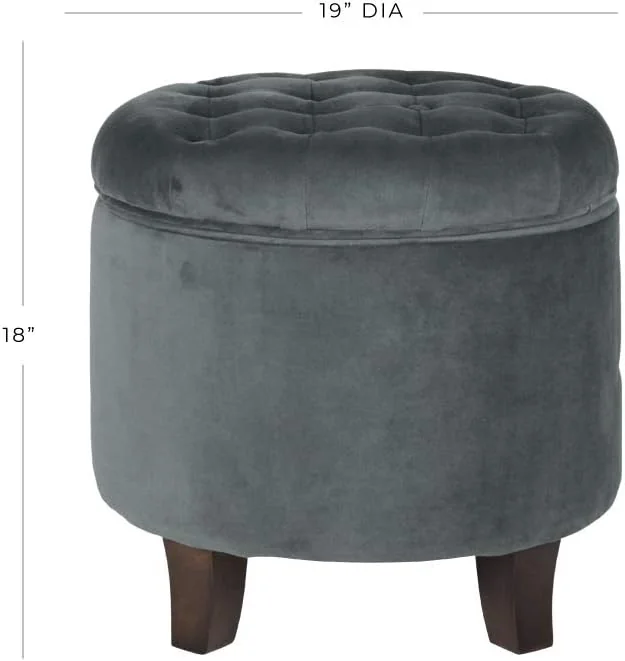 FashionTick Round Velvet Button-Tufted Storage Ottoman with Wood Legs, 19 Inch, Dark Gray - image 3