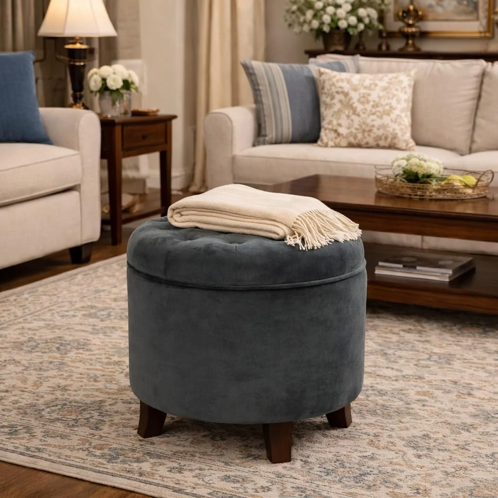 FashionTick Round Velvet Button-Tufted Storage Ottoman with Wood Legs, 19 Inch, Dark Gray - image 4