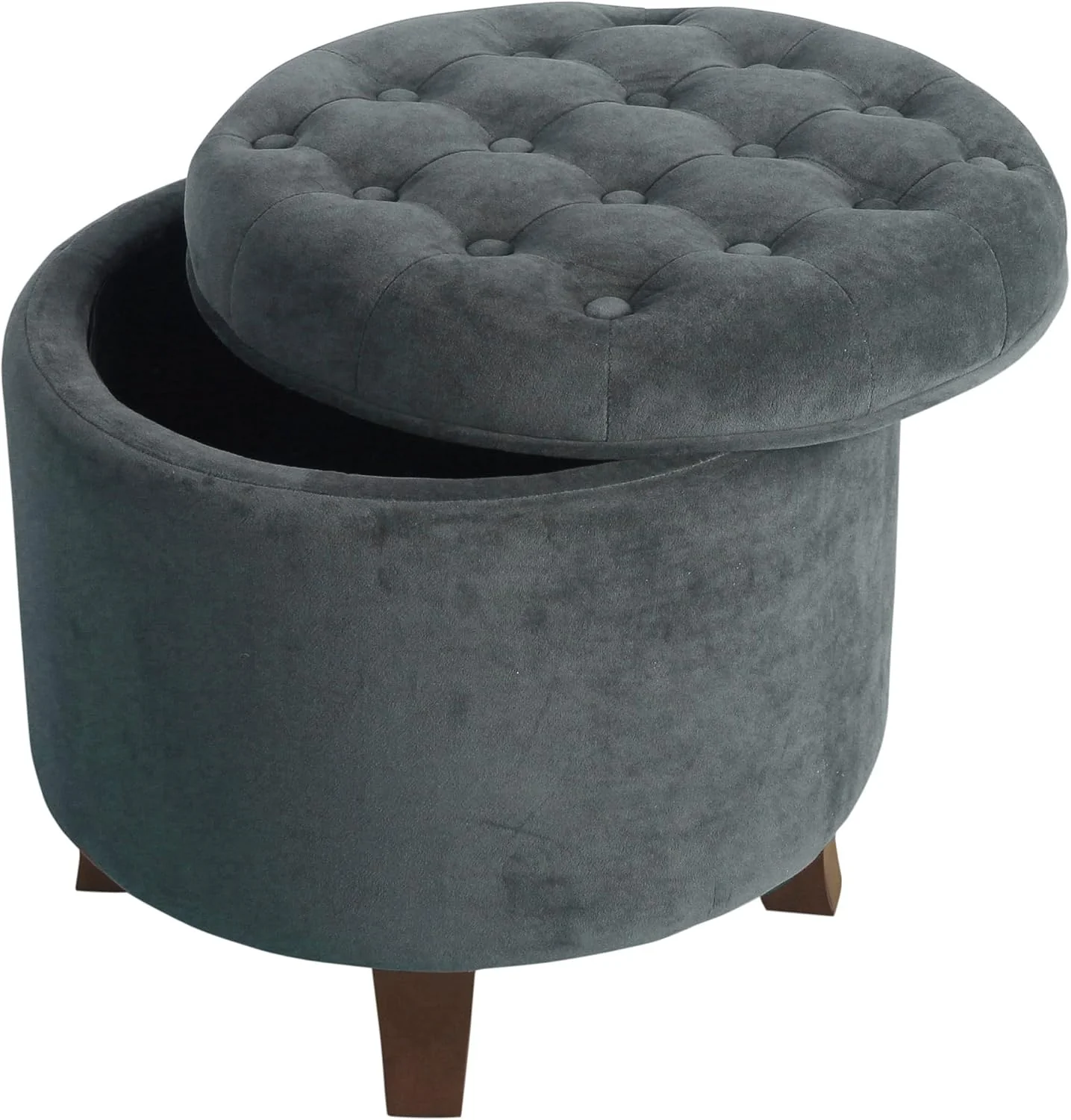 FashionTick Round Velvet Button-Tufted Storage Ottoman with Wood Legs, 19 Inch, Dark Gray - image 6