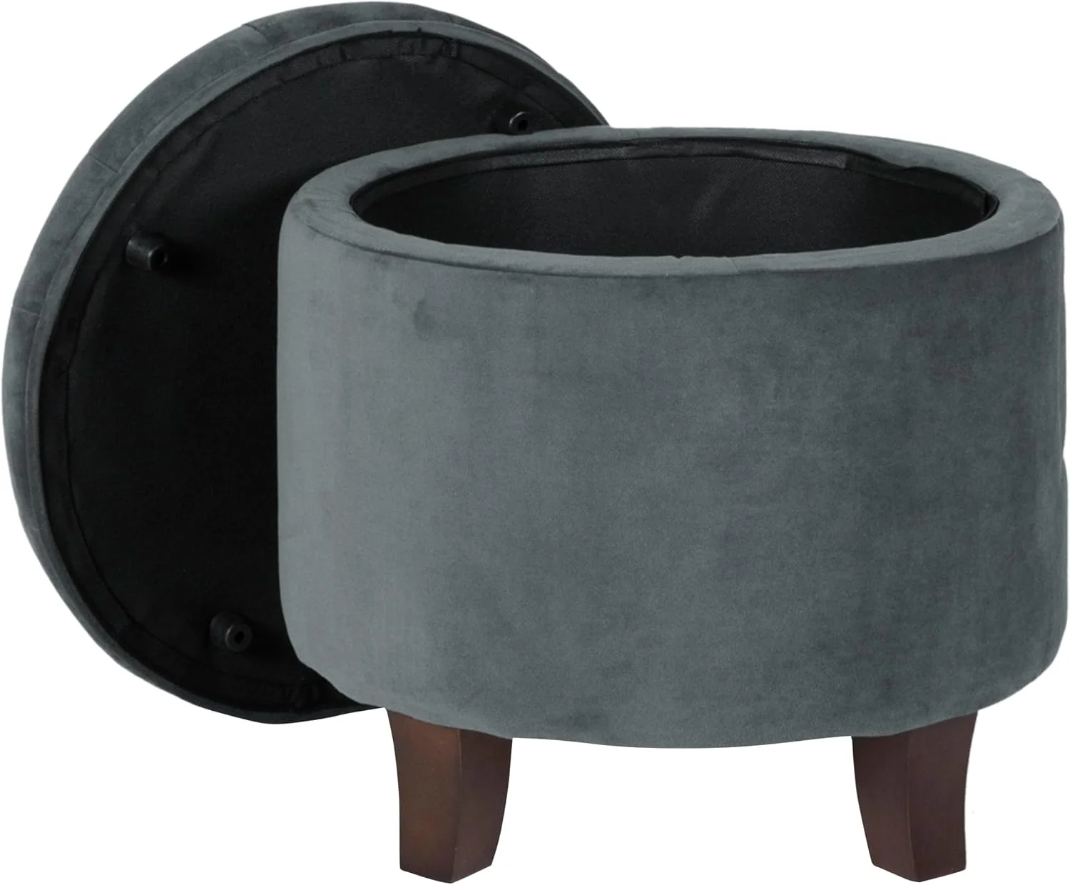 FashionTick Round Velvet Button-Tufted Storage Ottoman with Wood Legs, 19 Inch, Dark Gray - image 7