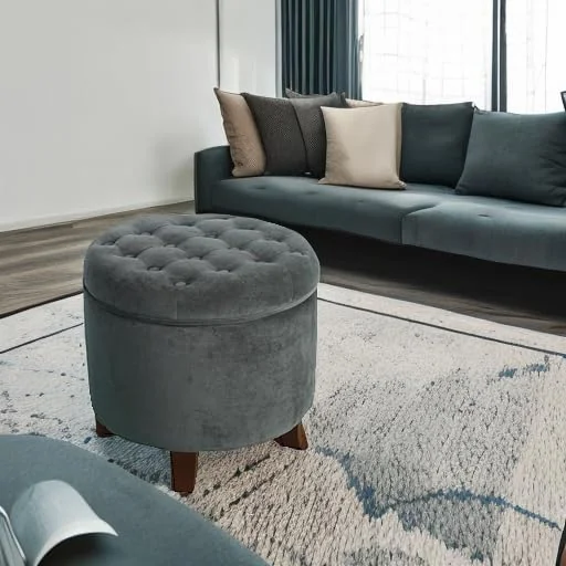 FashionTick Round Velvet Button-Tufted Storage Ottoman with Wood Legs, 19 Inch, Dark Gray - image 9