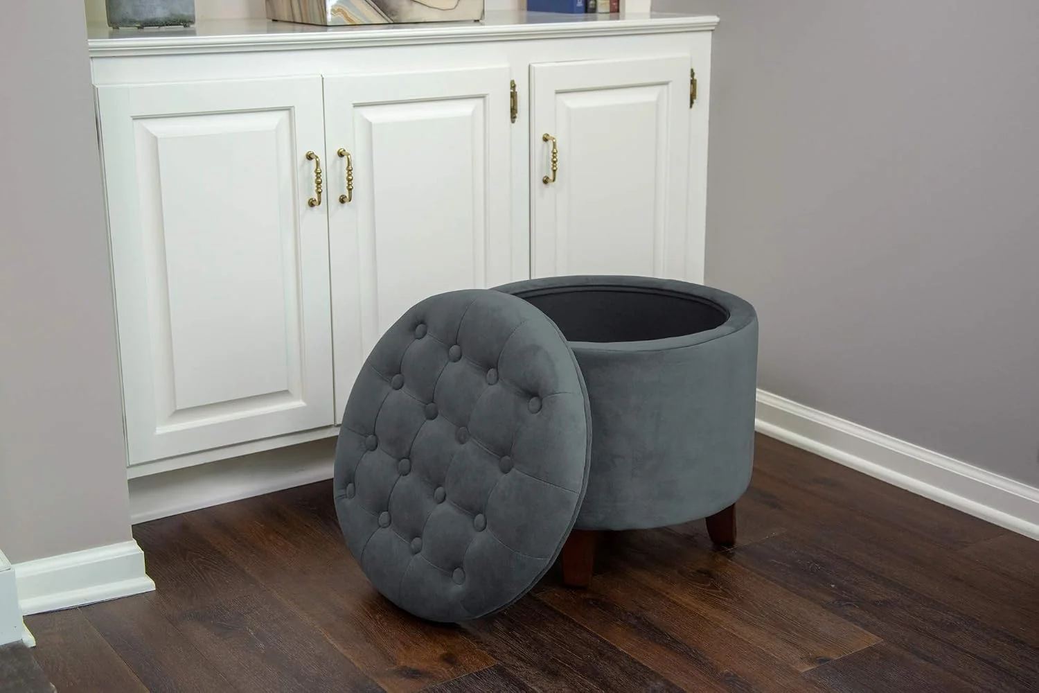 FashionTick Round Velvet Button-Tufted Storage Ottoman with Wood Legs, 19 Inch, Dark Gray - image 11