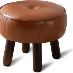 FashionTick Small Round Faux Leather Pouf Footstool with Wood Legs, 13 Inch, Brown
