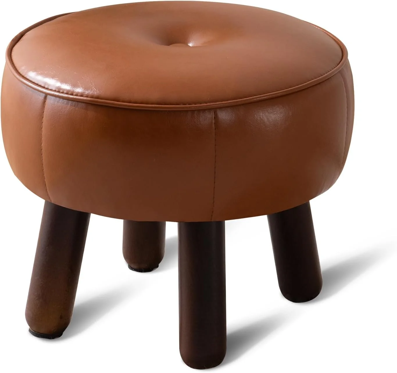 FashionTick Small Round Faux Leather Pouf Footstool with Wood Legs, 13 Inch, Brown