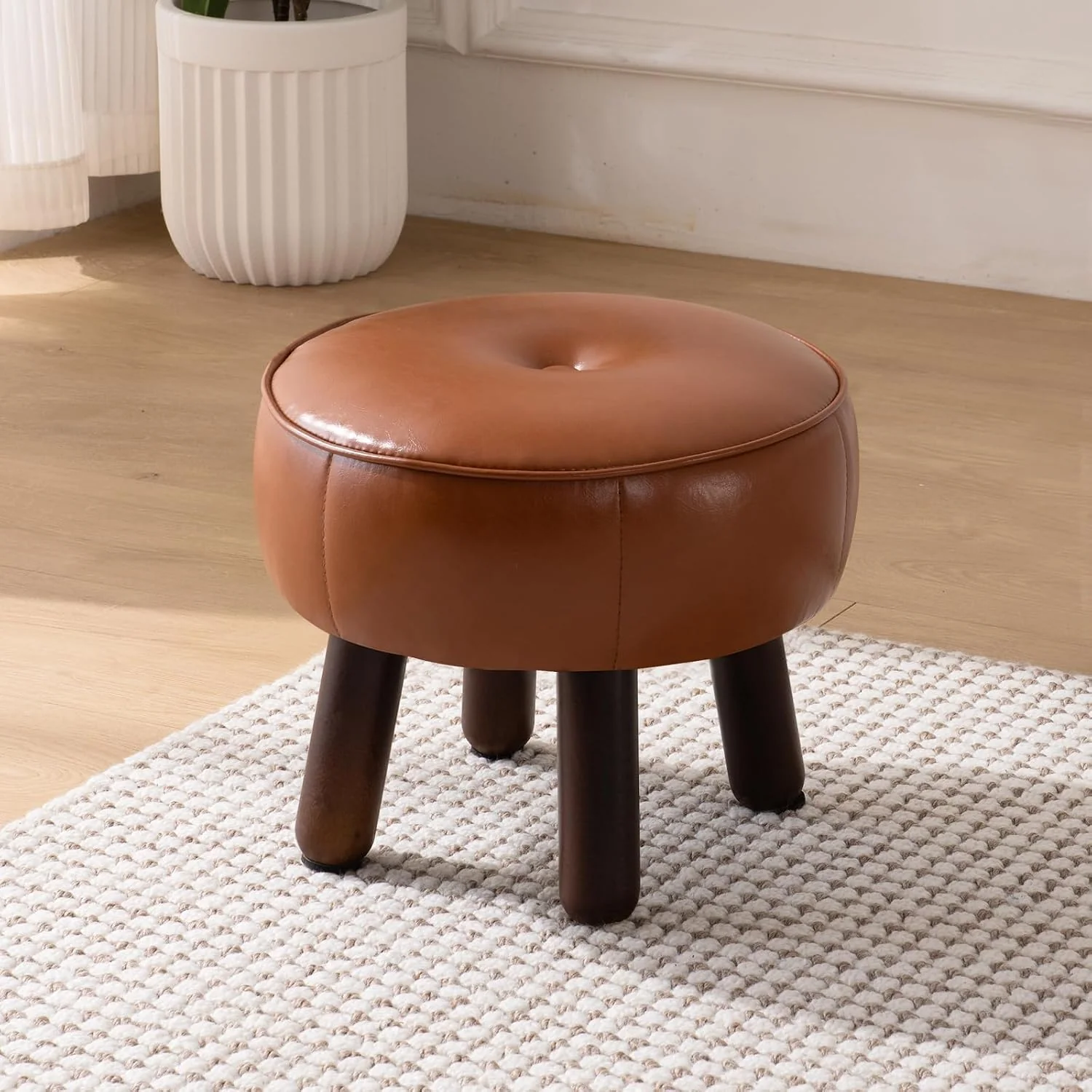 FashionTick Small Round Faux Leather Pouf Footstool with Wood Legs, 13 Inch, Brown - image 2