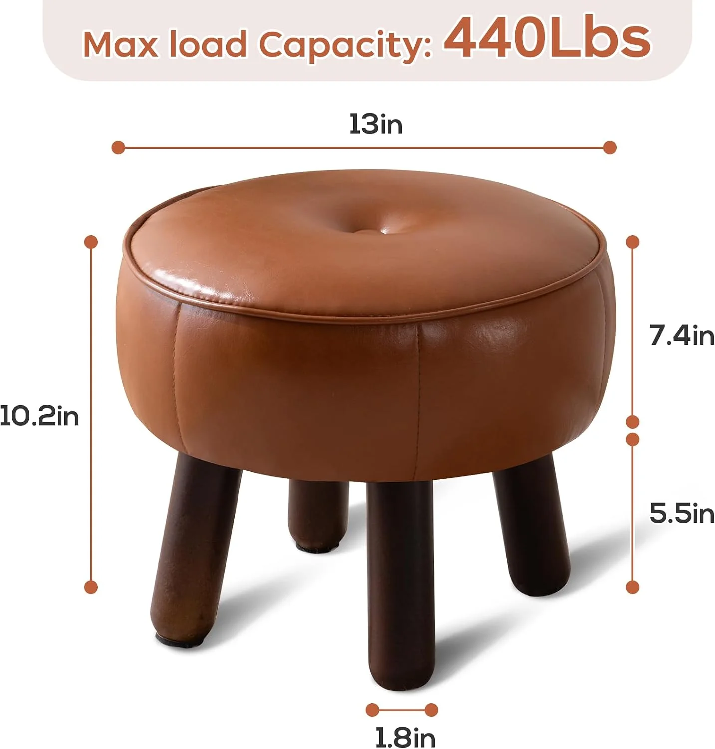 FashionTick Small Round Faux Leather Pouf Footstool with Wood Legs, 13 Inch, Brown - image 3