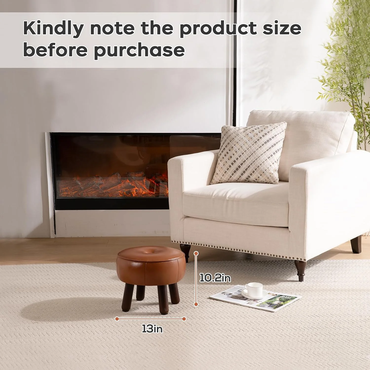 FashionTick Small Round Faux Leather Pouf Footstool with Wood Legs, 13 Inch, Brown - image 4