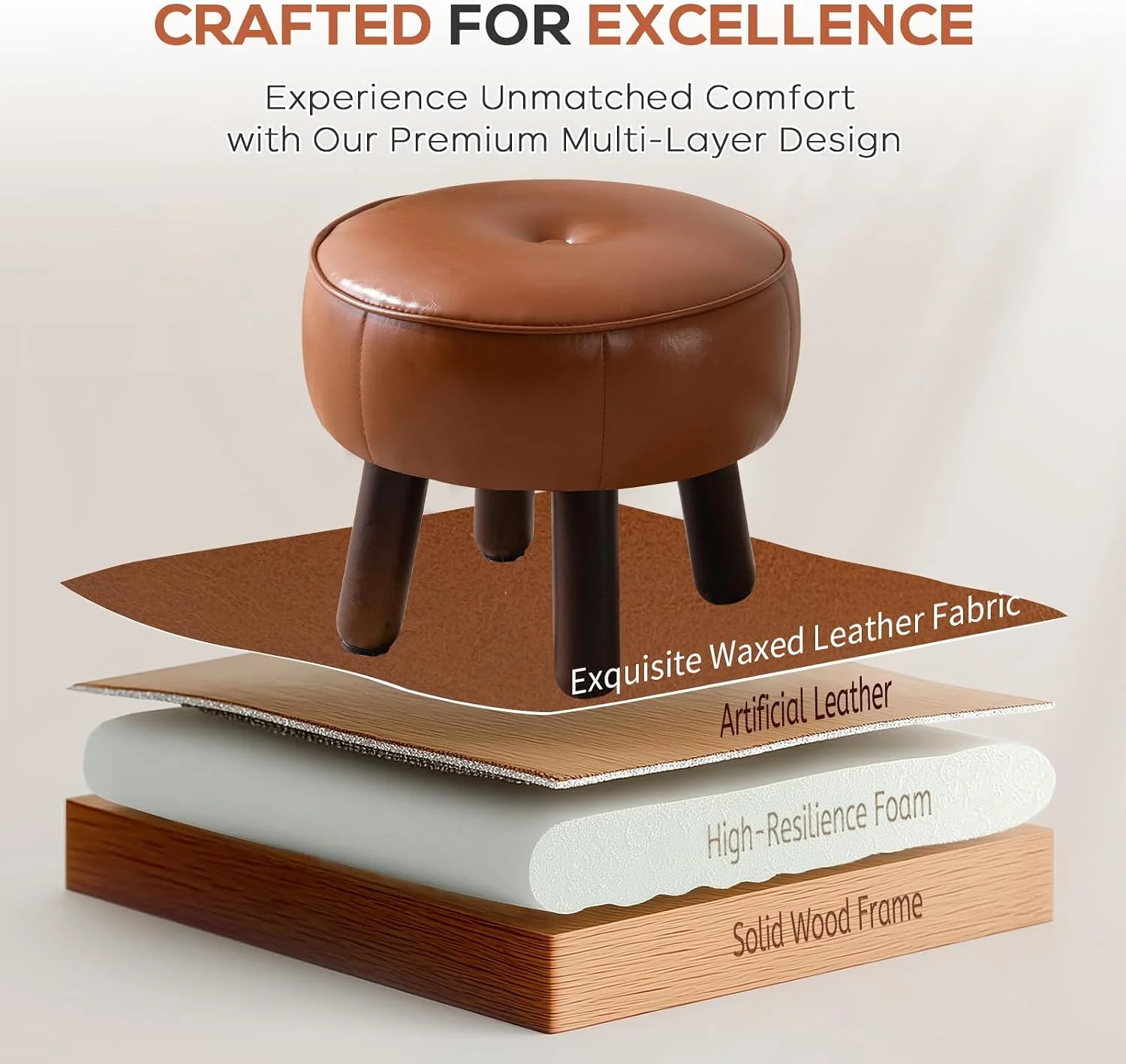 FashionTick Small Round Faux Leather Pouf Footstool with Wood Legs, 13 Inch, Brown - image 5